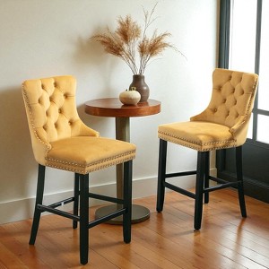 Mshliw Set of 2 Contemporary Velvet Upholstered Barstools with Tufted Back, Chrome Nailhead Trim and Solid Wood Legs for Kitchen and Home Bar - 1 of 4