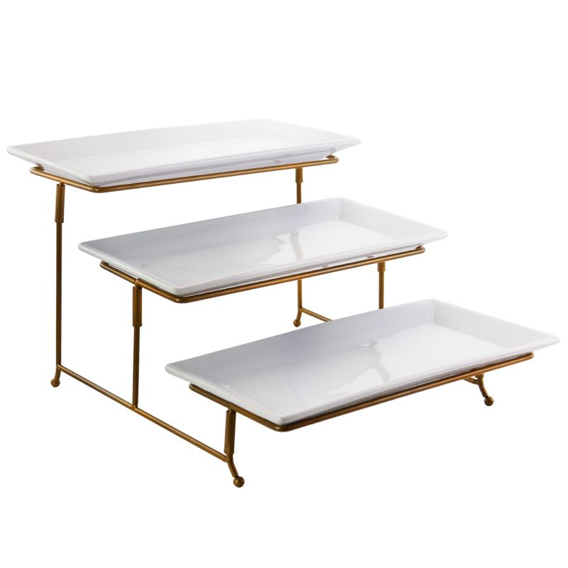 Gibson 3 Tiered Rectangle Porcelain Serving Set with Gold Metal Stand, 2 of 6