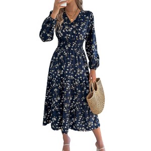 Casual V Neck Boho Floral Print Wedding Guest Maxi Dresses for Women Bohemian Flowy Maxi Dress - 1 of 4