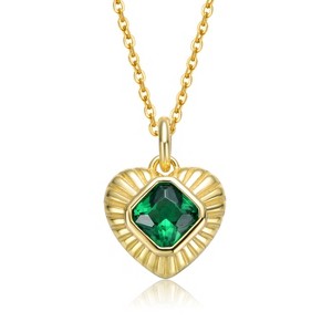 Guili Sterling Silver 14k Yellow Gold Plated Sunray Heart Pendant with Emerald Cubic Zirconia for Timeless Beauty and Unmatched Elegance - 1 of 3