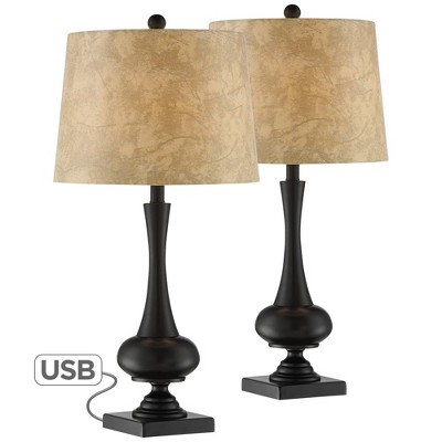 Franklin Iron Works Modern Rustic Table Lamps Set of 2 with USB Charging Port Bronze Faux Leather Drum Shade Living Room Bedroom