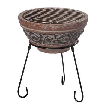 Vintiquewise Outdoor Small Red and Grey Grill Clay Fire Pit and Accent Design and Metal Stand