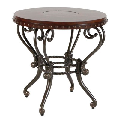 Traditional Warm Tobacco Round End Table with Curved Metal Base
