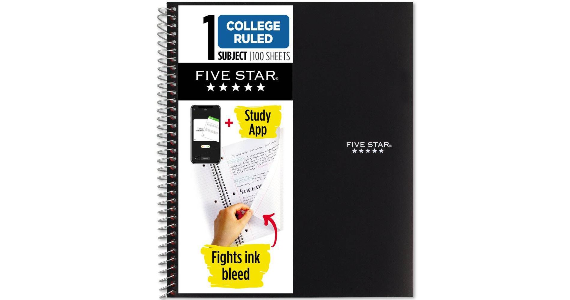 Five Star Subject 100 Pages College Ruled Spiral Notebook Black
