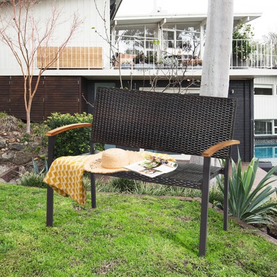 Weather-Resistant Black Wicker Loveseat with Acacia Wood Armrests
