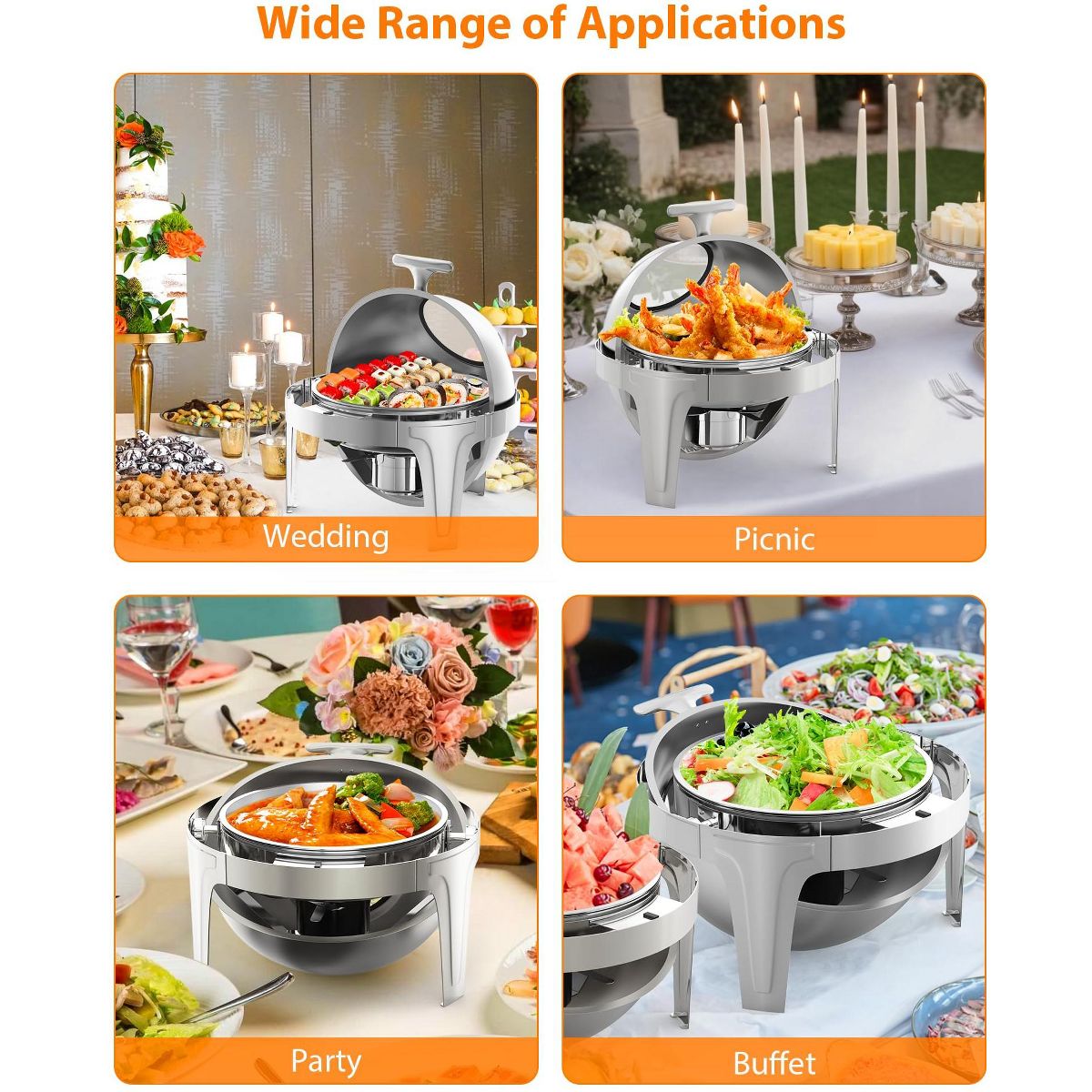 Roll Top Chafing Dish Set - Full Size Stainless Steel Buffet Warmer with Glass Window for Weddings & Events, Silver - thumbnail 7