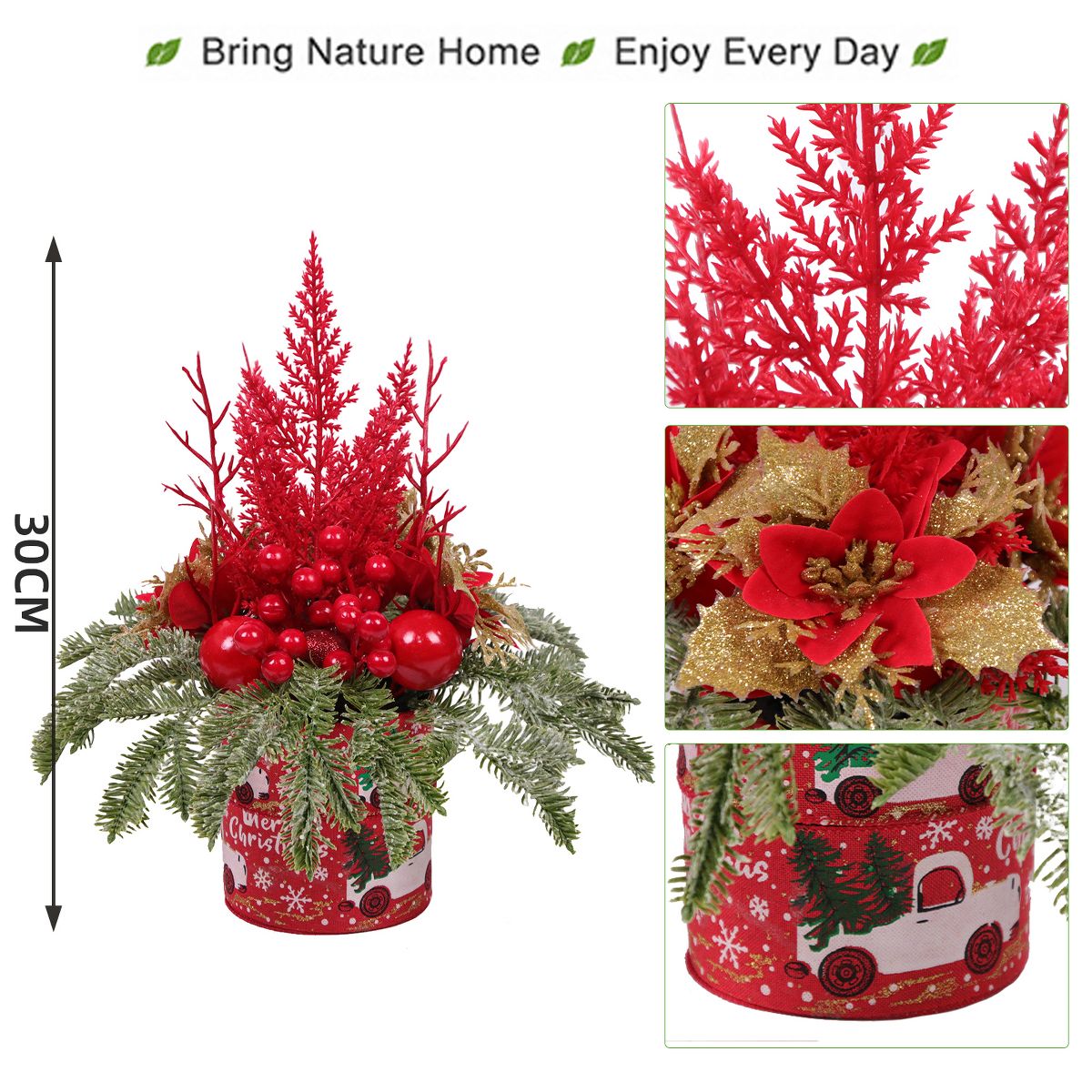 Mini Christmas Trees for Tabletop, Pre-Decorated Artificial Christmas Tree with Red Berries Ornaments, Small Potted Xmas Tree Desk Table Decor, 2 Pcs - thumbnail 2
