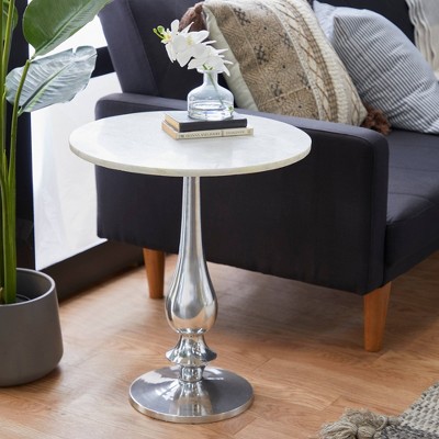 White Marble and Silver Aluminum Round Accent Table