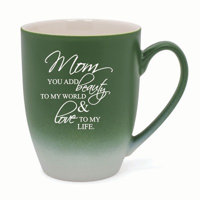 Elanze Designs Mom You Add Beauty To My World & Love To My Life Two Toned Ombre Matte 10 ounce New Bone China Coffee Tea Cup Mug, Green and White