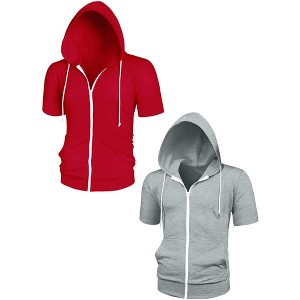 Lars Amadeus Men's Solid Full Zip Short Sleeves Hooded Sweatshirt 2 Packs - 1 of 4
