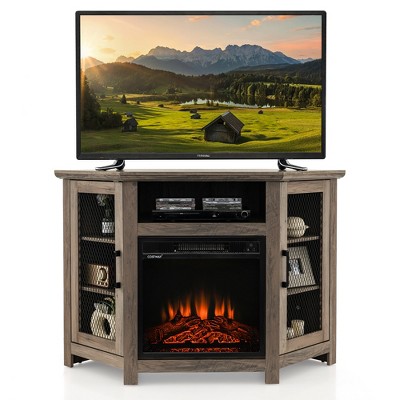 Costway Corner Fireplace TV Stand w/ 18'' Electric Fireplace for TVs up to 50'' Grey/Rustic/Black