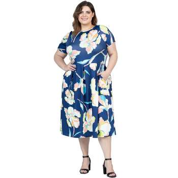 24seven Comfort Apparel Plus Size Blue Floral Short Sleeve Pleated Flare Midi Pocket Dress