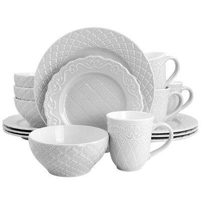 Gibson Home Quilted Eyelet Fine Ceramic 16 Piece Dinnerware Set in Light Grey
