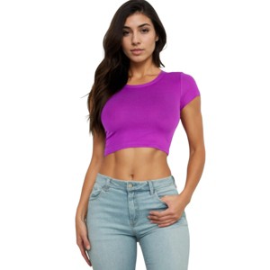 Slickblue Women's Short Sleeve Round Neck Crop Top, Stretch Fitted Tee Style, Casual Solid Top, Dahlia, Size S-L - 1 of 4