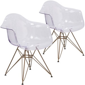 Emma and Oliver 2 Pack Transparent Side Chair with Arms and Gold Base - Accent & Side Chair - 1 of 4