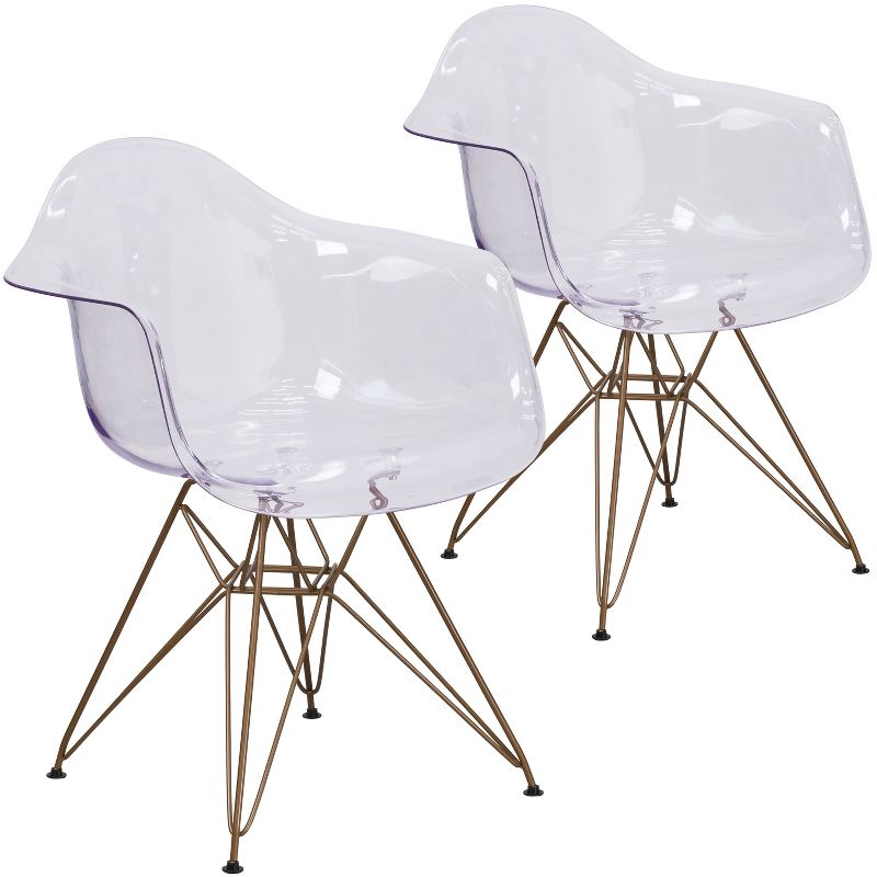Emma and Oliver 2 Pack Transparent Side Chair with Arms and Gold Base - Accent & Side Chair, 1 of 12