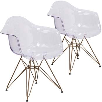 Emma and Oliver 2 Pack Transparent Side Chair with Arms and Gold Base - Accent & Side Chair