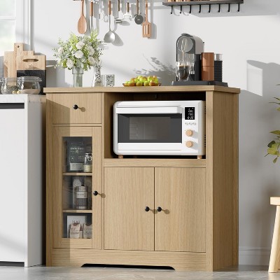 Senfot Kitchen Microwave Cabinet with Storage and Drawers, Modern Small Buffet Cabinet with Glass Doors and Adjustable Shelf