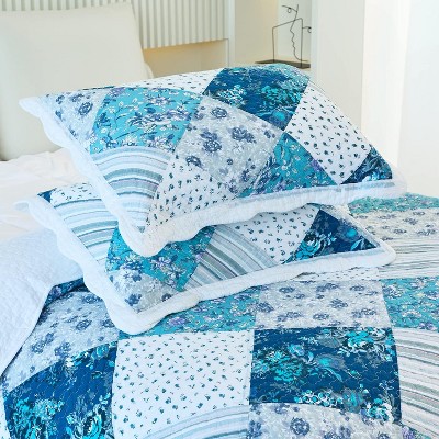 Acoinel Blue Floral Patchwork Quilt Set - 3-Piece Reversible Bedspread with Pillow Shams, Coastal Boho Bedding for Queen Beds (92"x96") — фото 3