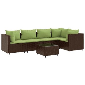 vidaXL 6 Piece Patio Lounge Set with Cushions - Brown Poly Rattan, Steel Frame, Tempered Glass Table for Garden, Backyard, Patio - 1 of 4