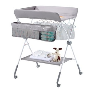 Yinvani Foldable Baby Changing Diaper Station with Side Basket, Adjustable Height, Lockable Wheels - 1 of 4