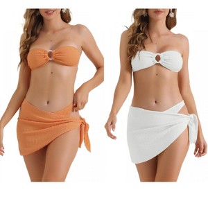 INSPIRE CHIC Women's Ribbed O Ring Bandeau Back Buckle Triangle Thong Bottom Swimwear Bathing Bikini Suits 2 Sets - 1 of 4
