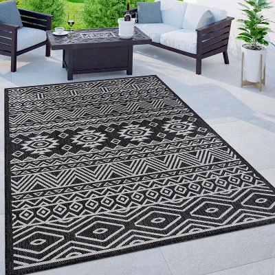 Black Geometric Flat Woven 8' x 10' Indoor/Outdoor Rug