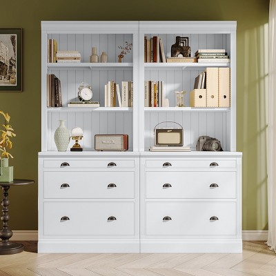 White 83.4" Bookshelf with LED Light and Drawers, Modern Vertical Wood Bookcase with Adjustable Shelves for Home Office-3irtyhousy
