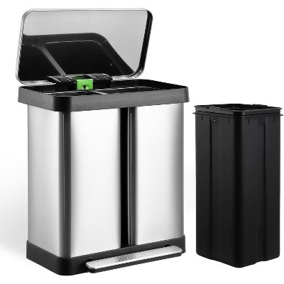 17.5 Gallon Dual Kitchen Trash Can, Fingerprint-Proof Stainless Steel 2-Compartment Recycle Bin with Soft-Close Lid & Inner Bucket, for Home/Office