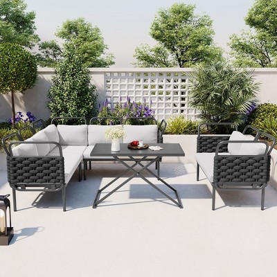 Outdoor Woven Rope Furniture Set, 5-Piece Modern Patio Sectional Sofa Set With Glass Table And Cushions For Balcony, Backyard