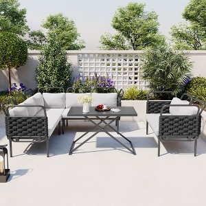 Outdoor Woven Rope Furniture Set, 5-Piece Modern Patio Sectional Sofa Set With Glass Table And Cushions For Balcony, Backyard - 1 of 4