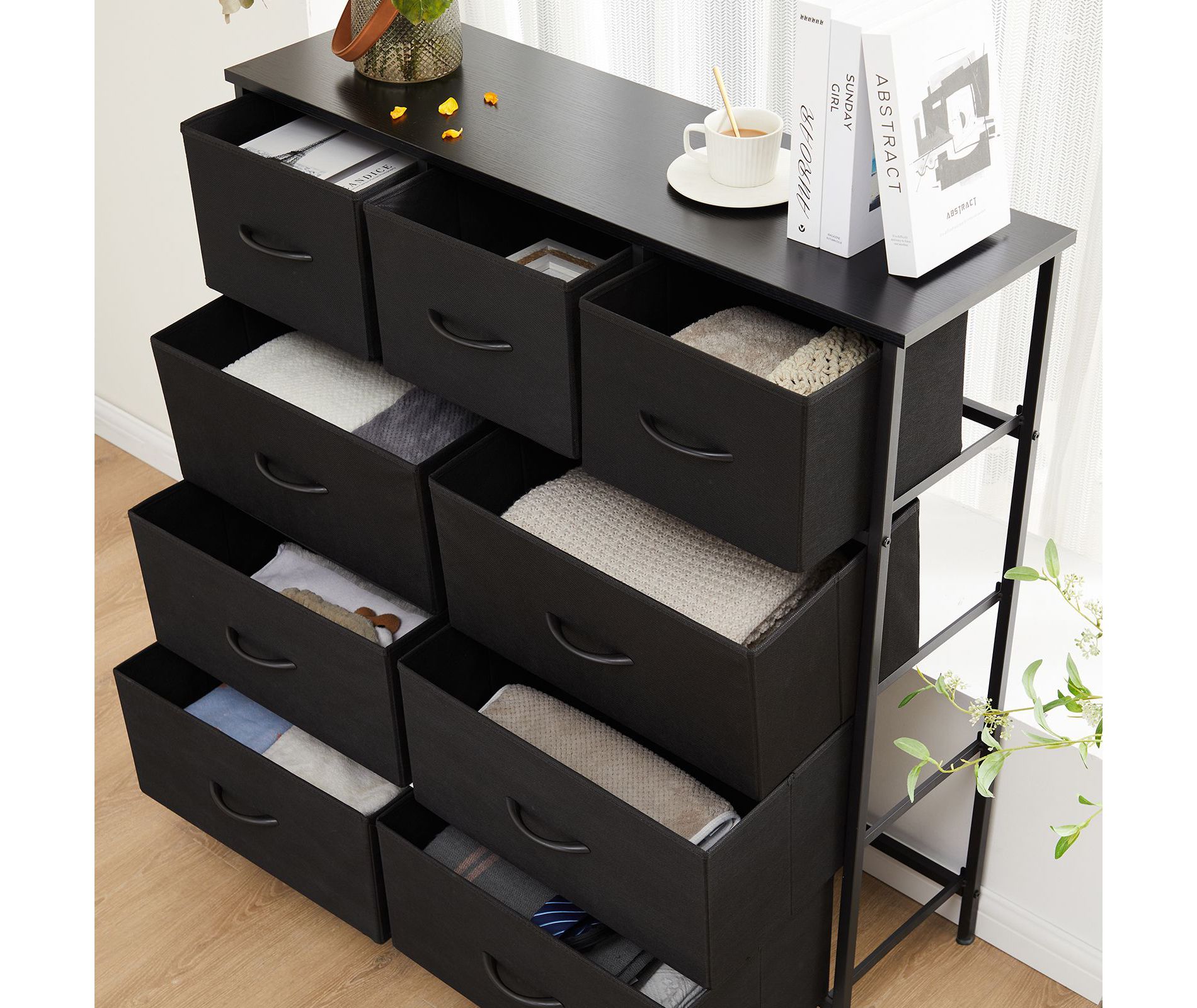 JIONJOY 9 Drawer Dresser for Bedroom, Large Fabric Storage Chest with Metal Frame & Waterproof Top for Closet, Nursery, Entryway