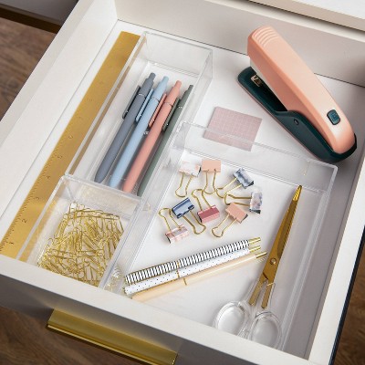 Martha Stewart 12 X 3 6pc Plastic Stackable Office Desk Drawer Organizers  With Gold Trim Clear : Target