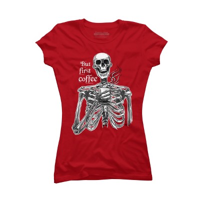 Junior's Design By Humans Halloween skeleton drinking coffee. But first coffee By melazergDesign T-Shirt