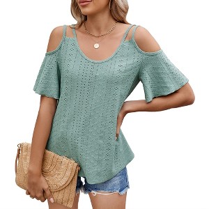 Womens Cold Shoulder Top Basic T Shirts 3/4 Sleeve Casual Blouse Tshirts - 1 of 4