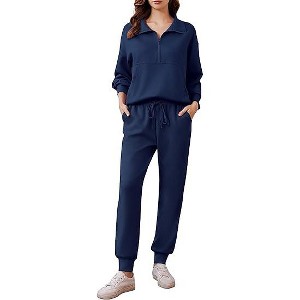 Pinspark 2 Piece Sets for Women Fall Travel Outfits Long Sleeve Tracksuit Joggers Sets Half Zip Sweatsuit Matching Set - 1 of 4