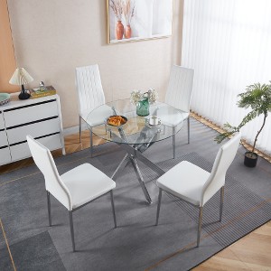 TIRAMISUBEST 5-Piece Mid-Century Dining Set - 4-6 Person Glass Top Table w/Metal Legs + 4 Chairs, Pedestal Base - 1 of 4