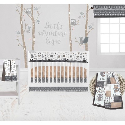 Bacati - Owls in the Woods Beige/Gray 6 pc Crib Bedding Set with Long Rail Guard Cover