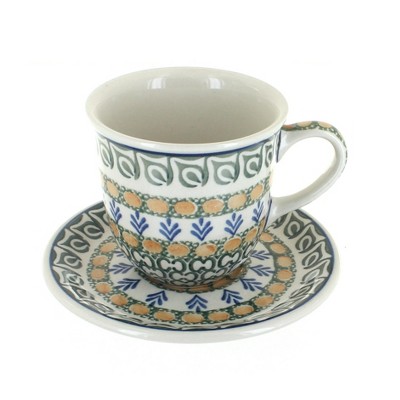 Blue Rose Polish Pottery Herb Garden Cup & Saucer