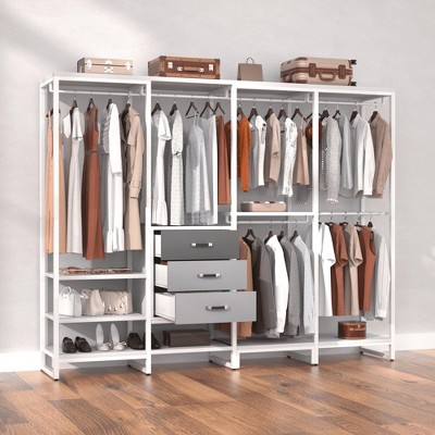 Aheaplus 74'' Clothes Rack with Hanging Rods, Heavy Duty Garment Rack with Shelves, Large Corner L-Shaped Wardrobe with Drawers