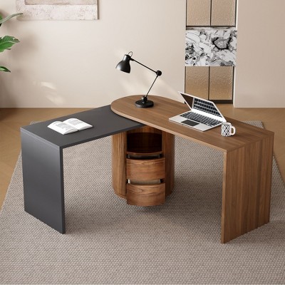 NicBex Home Office Desk L-Shape Morden Corner Desk with Storage Shelves and 2 Drawers Rotating Executive Desk for Office, Study, Living Room, Walnut