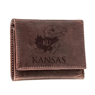 Evergreen NCAA Kansas Jayhawks Brown Leather Trifold Wallet Officially Licensed with Gift Box