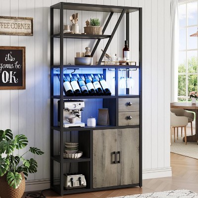 Bar Cabinet - Tall Coffee Bar Station with Power Outlets, Rack, Kitchen Microwave Stand, Bakers Rack Cabinet for Living Room