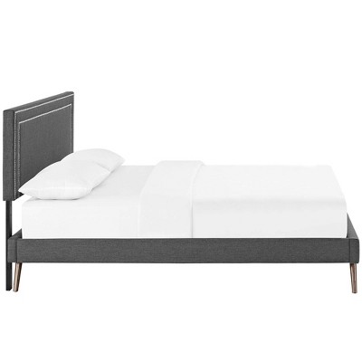 Gray Queen Upholstered Platform Bed with Nailhead Trim