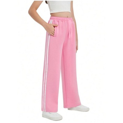 Mocamel Girl's Solid Color Adjustable Drawstring and Side Stripe Embellished Loose Pants Comfortable Casual Daily Sport