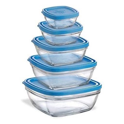 Duralex Lys 5 Piece Square Stackable Reusable Portable Tempered Glass Bowl Storage Organizer Containers with Lids