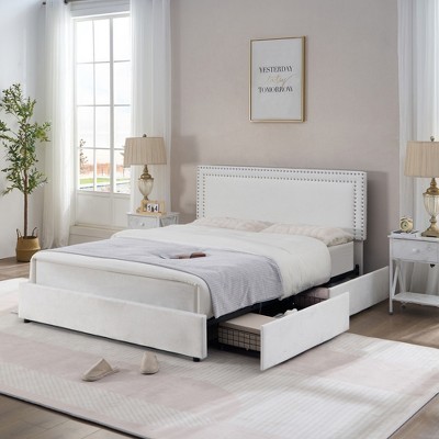 VECELO Upholstered Platform Bed Frame Platform with 4 Storage Drawers, Adjustable Velvet Rivets Headboard