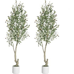 Tall Faux Olive Tree, Olive Trees Artificial Indoor with White Planter and Green Fake Moss for Home Office Living Room Bedroom Stairs Foyer Decor - 1 of 4