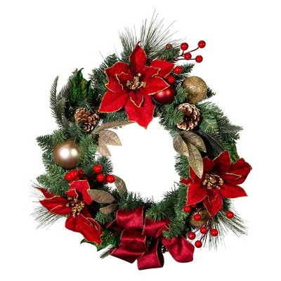 Kurt Adler 20-Inch Unlit Red Poinsettia Wreath with Gold Balls and Pinecones