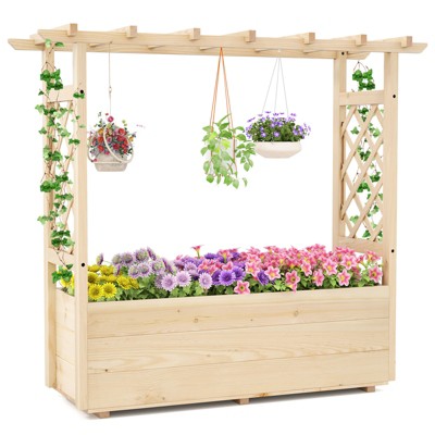 Tangkula Wooden Raised Garden Bed/ Lattice Trellises Hanging Roof Drainage Indoor Outdoor